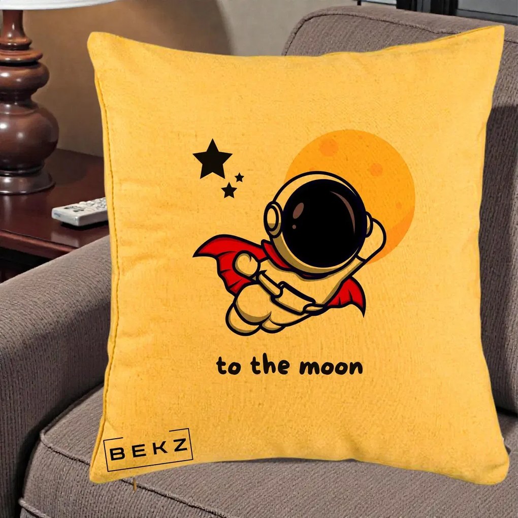 Perna Decorativa Astronaut To The Moon, 40x40 cm, Galben, Husa Detasabila, Perna Inclusa, BEKZ®