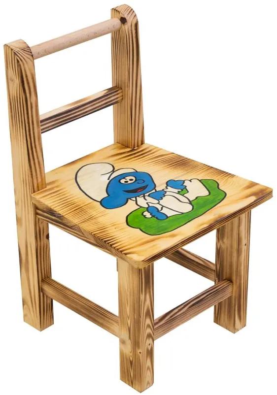 Masă din lemn pentru copii cu model Ștrumfi + 2 scaune