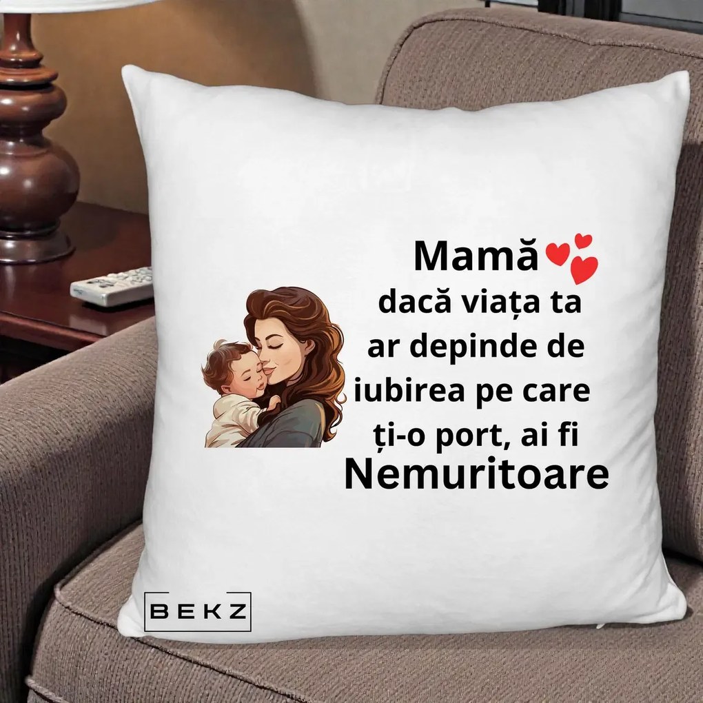 Cadou pentru Mama - Perna Personalizata Mama Nemuritoare cu Bebelus Lineart, 40x40 cm, Alb Pufos, Husa Detasabila, Perna Inclusa, BEKZ®