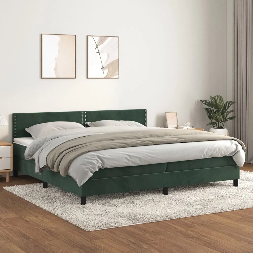 Pat box spring cu saltea, verde inchis, 200x200 cm, catifea Verde inchis, 200 x 200 cm, Culoare unica si cuie de tapiterie