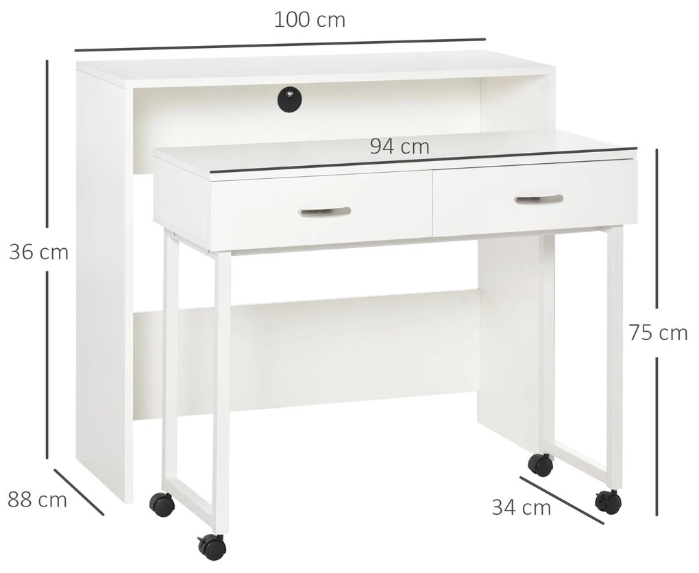 HOMCOM Birou Dublu Ergonomic Separabil cu Role, Rafturi Interioare pentru Organizare Eficientă, Design Modern, Alb, 100x36x88 cm | Aosom Romania