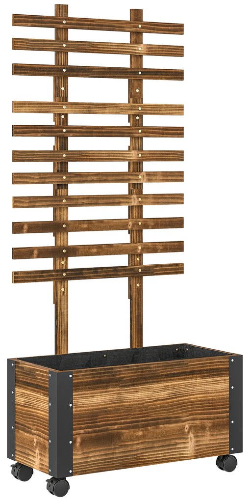 Outsunny Jardiniera cu Spalier pentru Plante Agatatoare si Roti, Jardiniera din Lemn de Brad cu Design Autodrenant, 65x31x147 cm, Maro Carbonizat