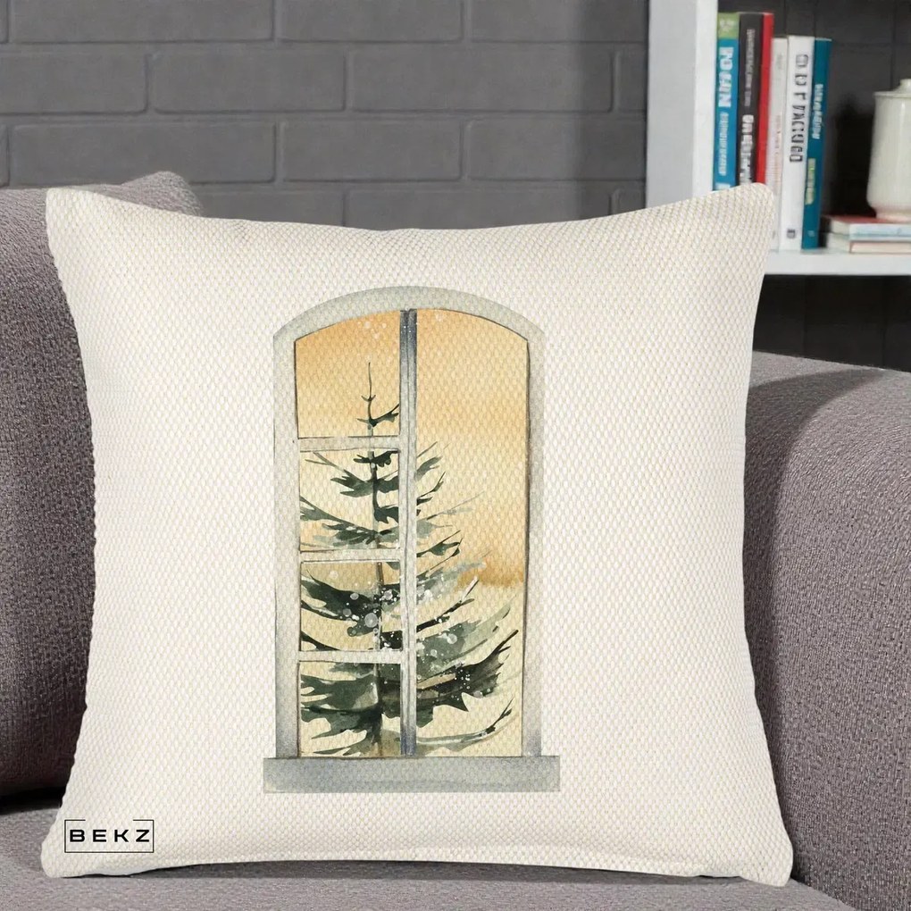 Perna Decorativa Fereastra cu Brad de Iarna, 40x40 cm, Crem Reliefat, Husa Detasabila, Perna Inclusa, BEKZ®