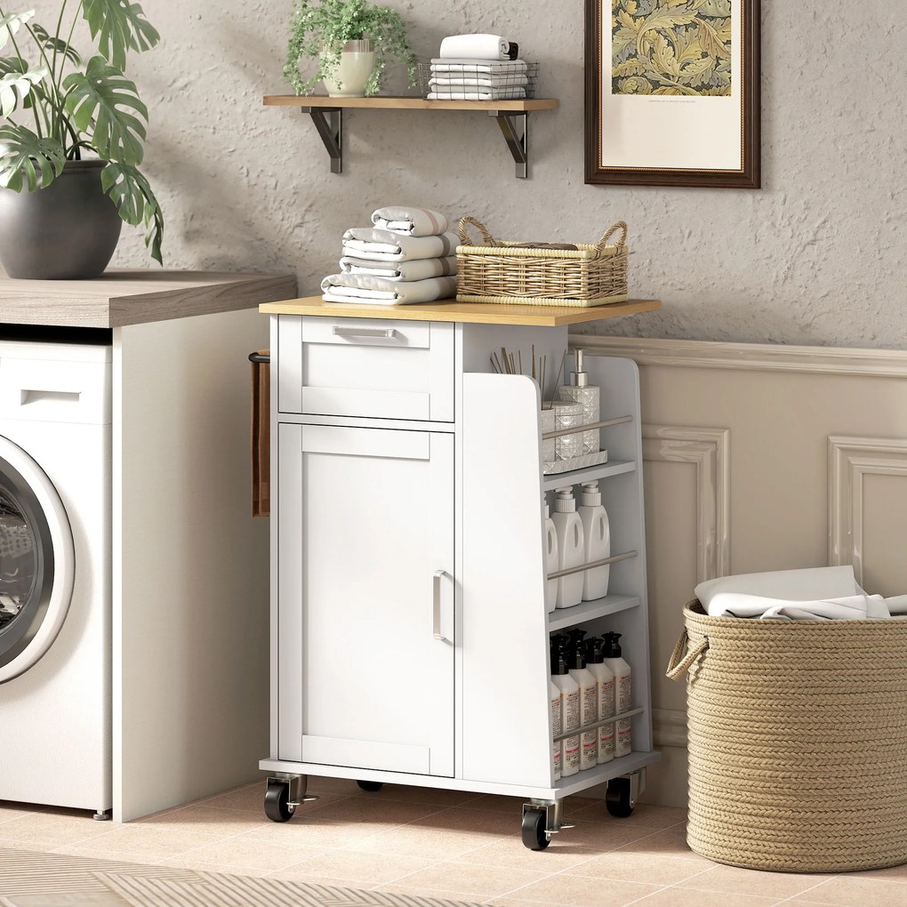 Cărucior de Bucătărie HOMCOM cu Sertar, Dulap, Suport pentru Prosoape și 3 Suporturi pentru Condimente, din Lemn, 62x40x87 cm, Alb | Aosom Romania