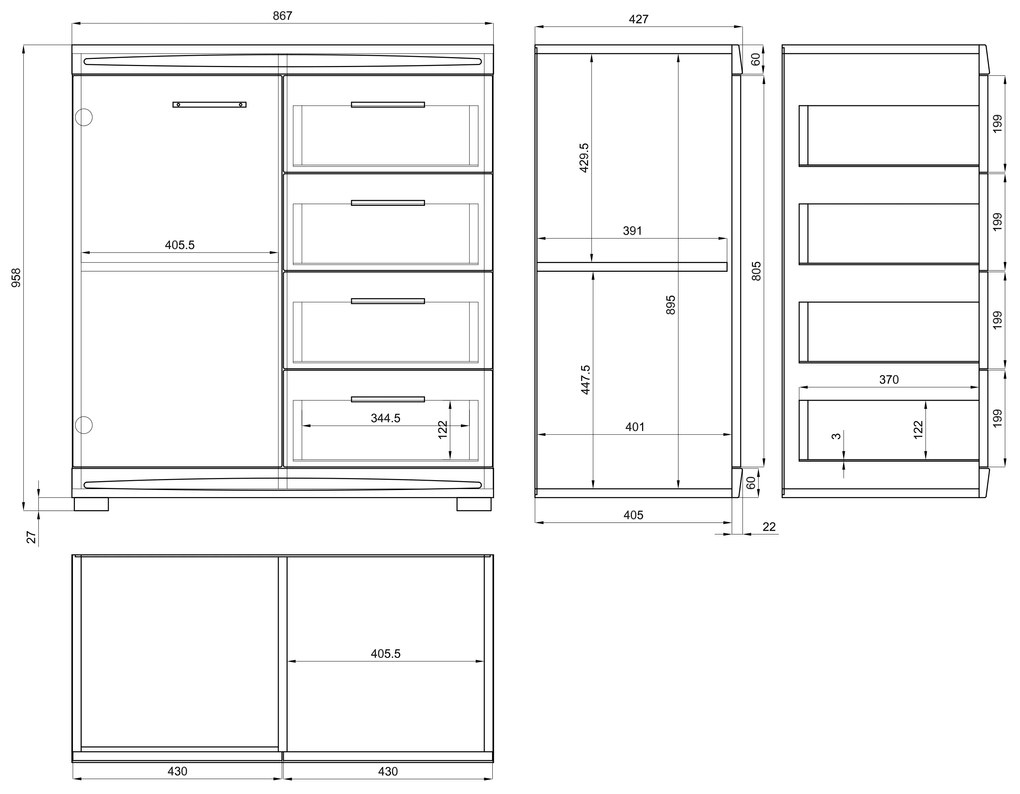 Mazzoni Comodă îngustă SIMPLE KD1SZ4 Stejar Craft Auriu/Alb Luciu - DULAP LIVING CU 4 SERTARE
