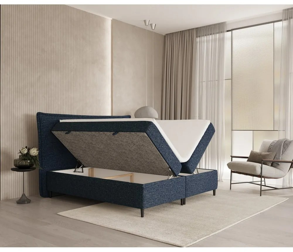 Pat boxspring albastru închis cu spațiu de depozitare 140x200 cm Sinai – Maison de Rêve