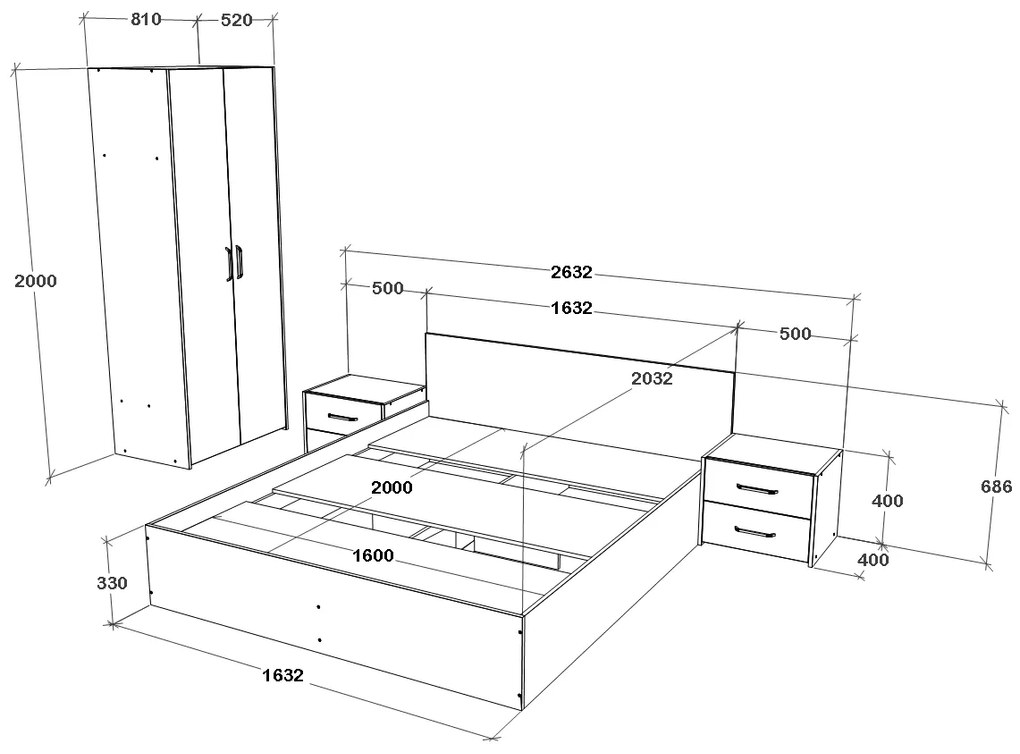 Set haaus V1, Pat 200 x 160 cm, saltea spuma inclusa, Stejar Alb/Antracit