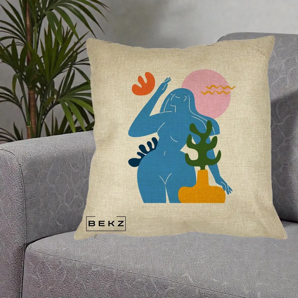 Perna Decorativa Femeie Albastra Cactus, 40x40 cm, Crem, Husa Detasabila, Perna Inclusa, BEKZ®