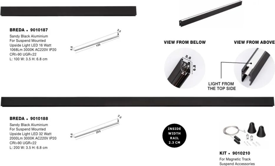Sina magnetica suspendata cu iluminat in partea superioara Breda 200cm