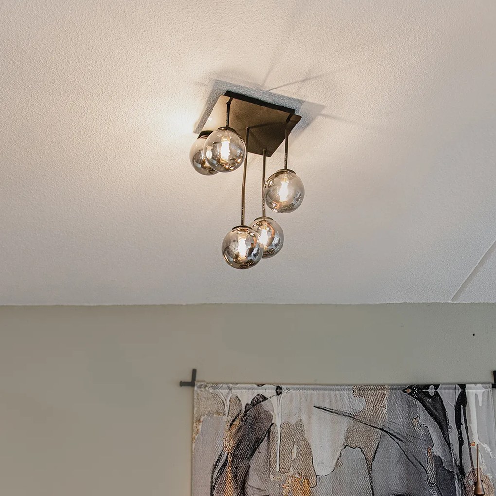 Plafoniera moderna neagra cu 5 lumini cu sticla fumurie - Atena