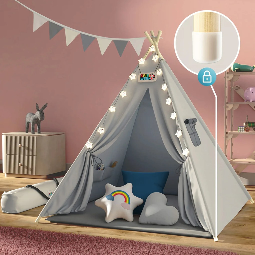 Cort tip teepee pentru copii JULIUS, 120x120x160cm, gri/albastru Jurhan