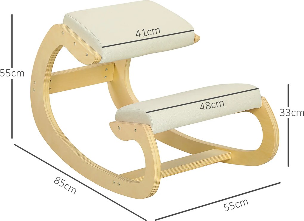 HOMCOM Scaun Ergonomic Postural din Material Textil, Scaun pentru Genunchi cu Mișcare de Legănare, 55x85x55 cm, Alb Crem | Aosom Romania