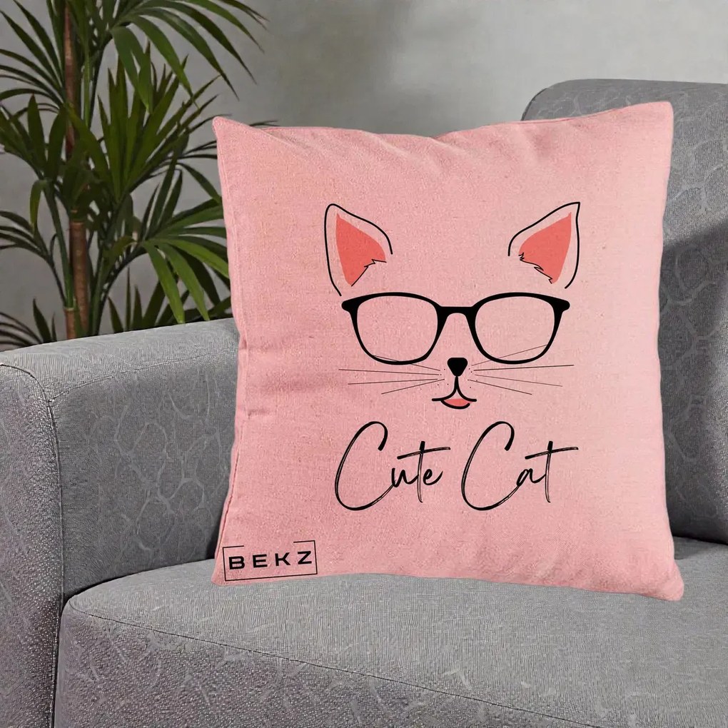 Perna Personalizata Cute Cat cu Ochelari, 40x40 cm, Roz, Husa Detasabila, Perna Inclusa, BEKZ®