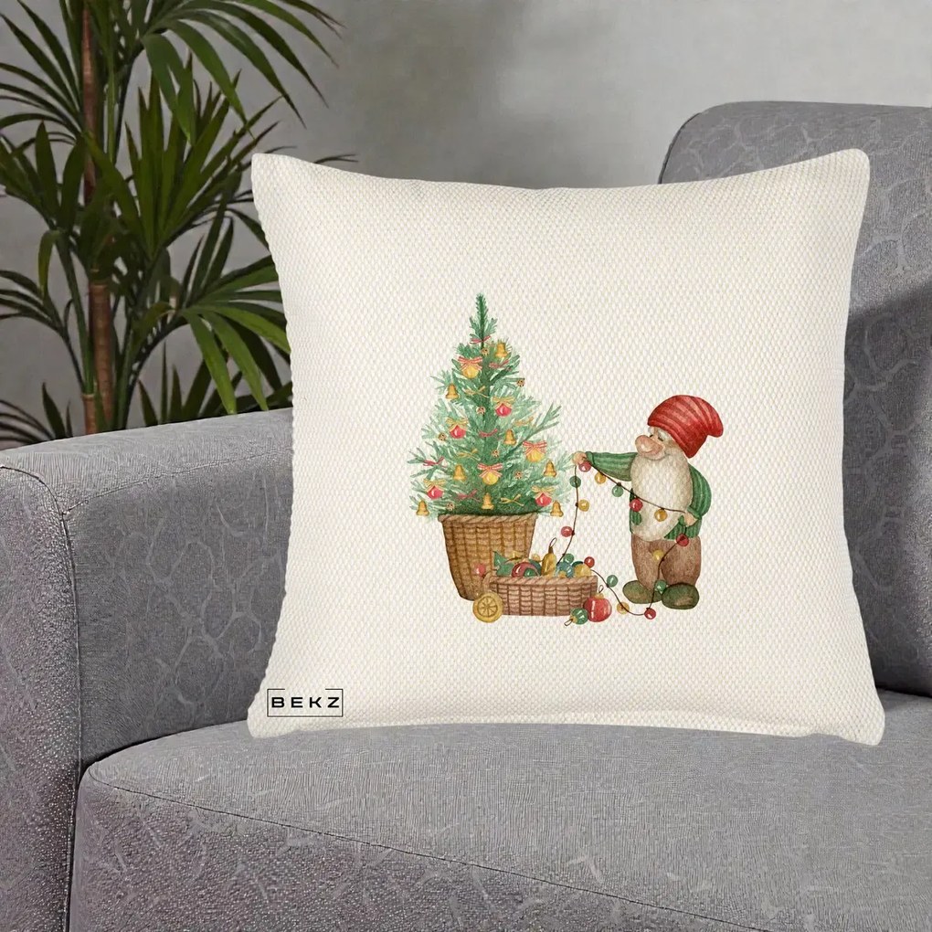 Perna Decorativa Pitic de Craciun cu Brad, 40x40 cm, Crem Reliefat, Husa Detasabila, Perna Inclusa, BEKZ®