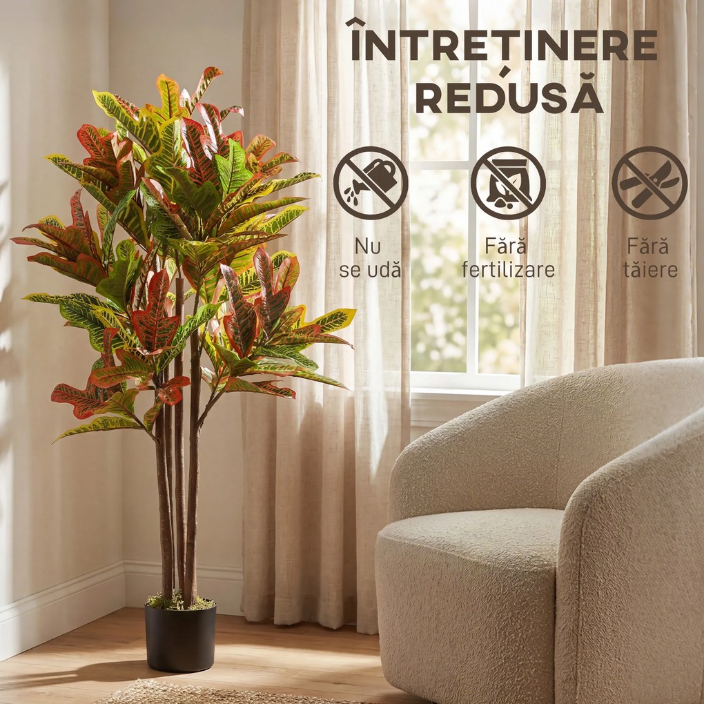 HOMCOM Plantă Artificială Croton cu 139 Frunze Modelabile și Ghiveci Alb din PP și Ciment, Plantă Falsă din PEVA și Lemn, 55x55x120 cm, Multicolor | Aosom Romania