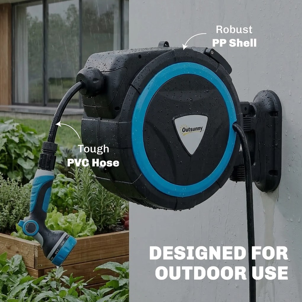 Outsunny Derulator Furtun Udare Montat pe Perete 14+1,5 m cu Blocare și Adaptoare, Rotativ 180°, 12 Moduri, 49x15x37cm, Albastru | Aosom Romania