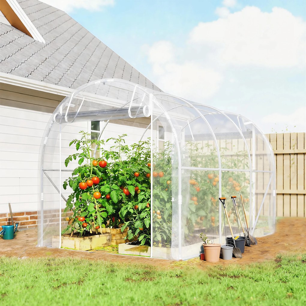 Outsunny Seră de Grădină Tip Tunel 2x3x2 m cu 2 Uși Rulabile, Seră pentru Legume, Flori și Fructe, cu 4 Bare Diagonale, Cadru din Oțel și Acoperiș PE, Transparentă | Aosom Romania