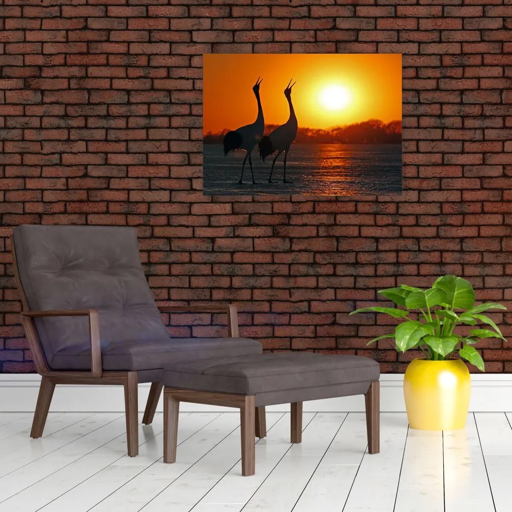 Tablou pe sticlă cu păsări în apus de soare (70x50 cm)