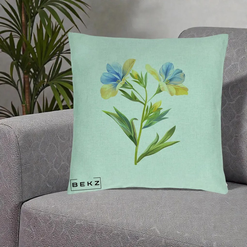 Perna Decorativa Botanica Frezie Galbena si Albastra, 40x40 cm, Verde Menta, Husa Detasabila, Perna Inclusa, BEKZ®