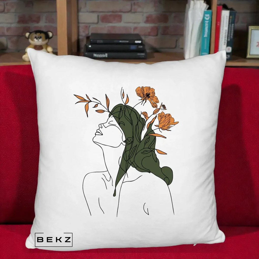 Perna Decorativa Portret Feminin Profil Flori Portocalii, 40x40 cm, Alb Pufos, Husa Detasabila, Perna Inclusa, BEKZ®