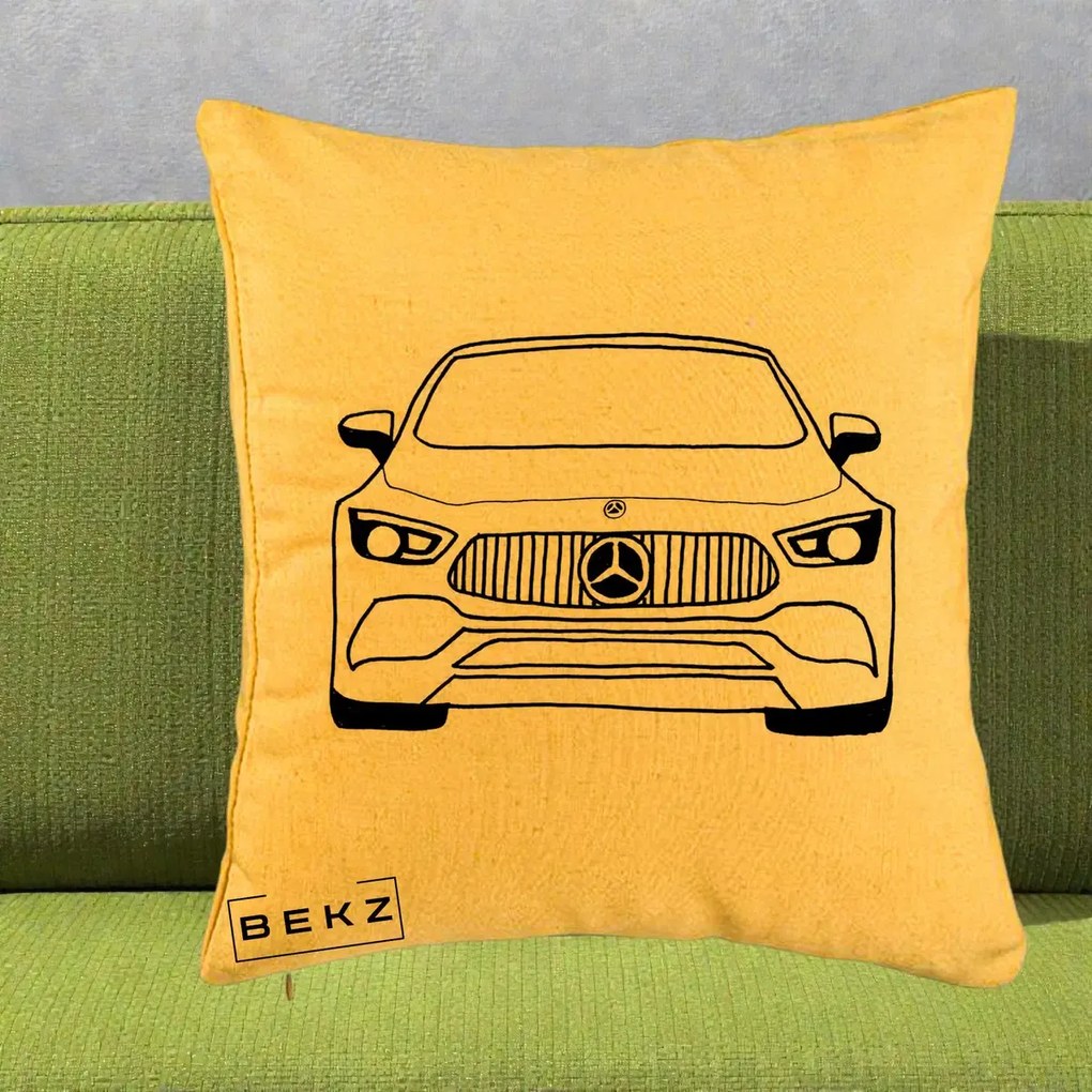Perna Personalizata Mercedes-Benz Fata Linie, 40x40 cm, Galben, Husa Detasabila, Perna Inclusa, BEKZ®