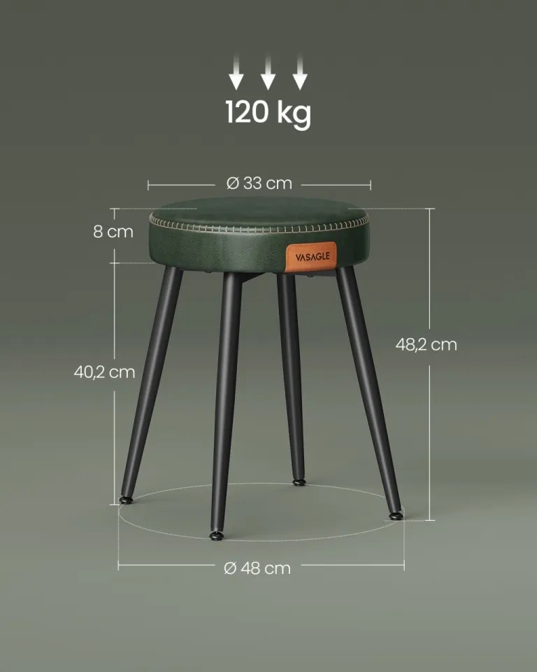 Taburet tapitat, Ø 33 x 48,2 cm, metal / piele ecologica, verde, Vasagle