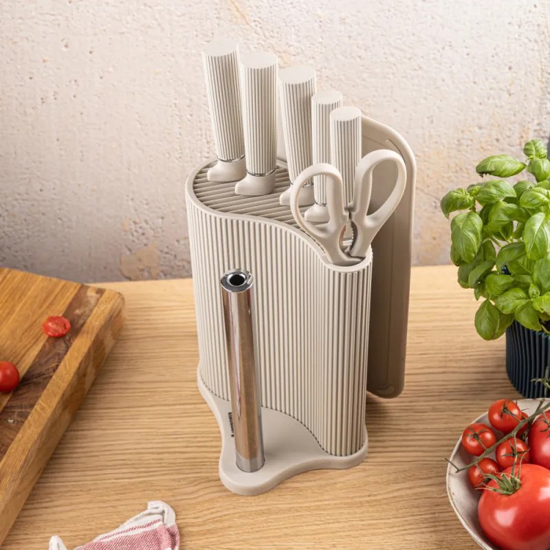 Set cuțite Klausberg KB 7978, 8 piese, Oțel inoxidabil, Suport, Suport hârtie de bucătărie, Bej