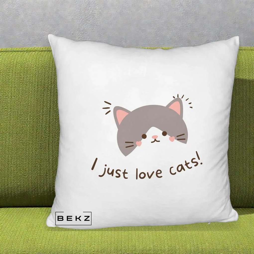 Perna Personalizata I Just Love Cats Pisica Kawaii, 40x40 cm, Alb Pufos, Husa Detasabila, Perna Inclusa, BEKZ®