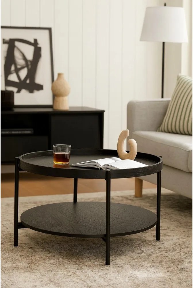 Măsuță de cafea neagră rotundă cu aspect de lemn de stejar ø 64 cm Hagen – Bonami Essentials