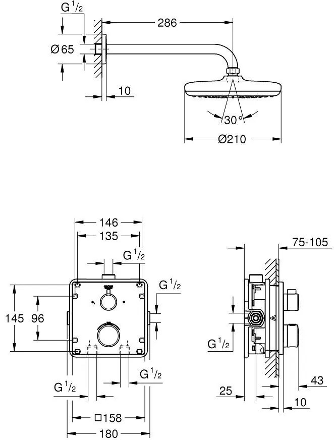 Sistem dus incastrat cu termostat Grohe Grohtherm Perfect Tempesta 210, fara para dus de mana, baterie patrata