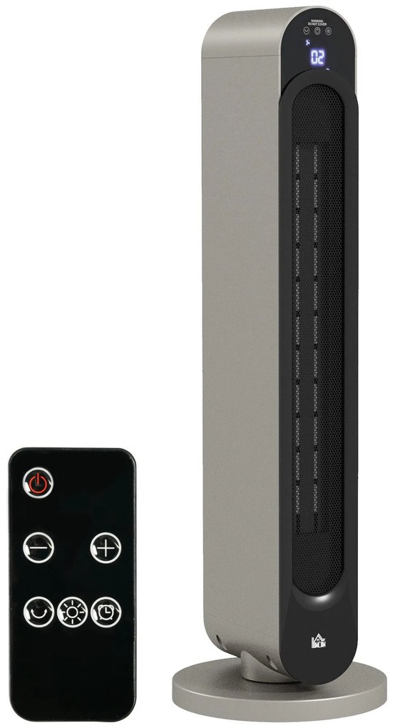 HOMCOM Incalzitor Electric Oscilant cu 3 Moduri de Incalzire, cu ventilator, Temperatura Reglabila, Telecomanda Ø25x73.5 cm, Argintiu | Aosom Romania