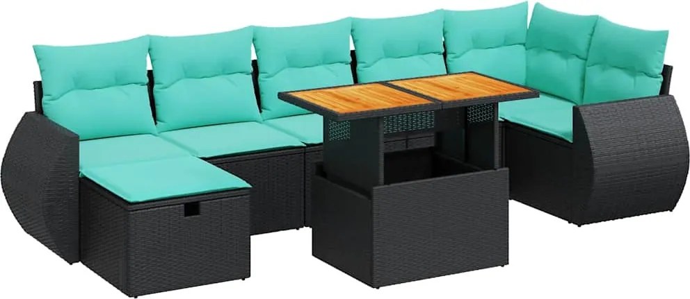 vidaXL Set mobilier grădină perne 8 piese negru, poliratan/lemn acacia