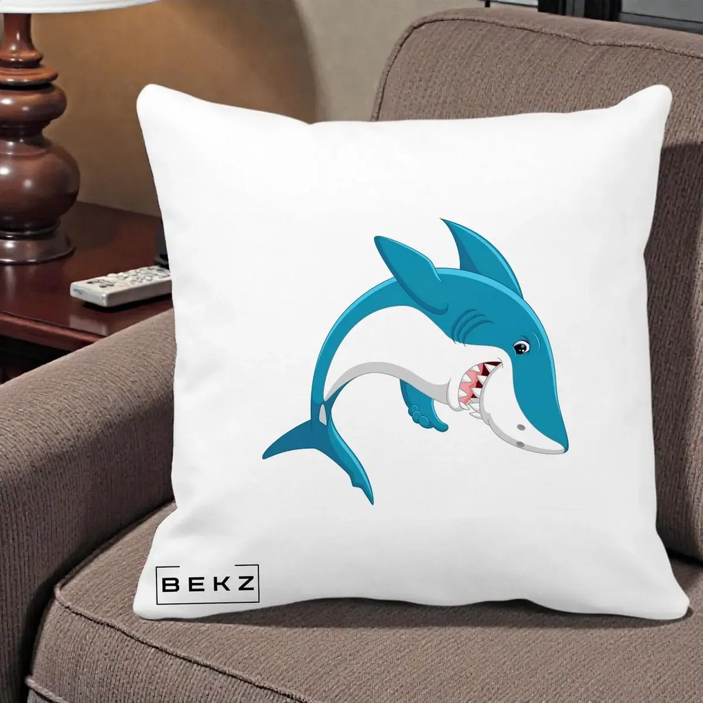 Perna Decorativa Rechin Albastru Cartoon, 40x40 cm, Alba Mata, Husa Detasabila, Perna Inclusa, BEKZ®