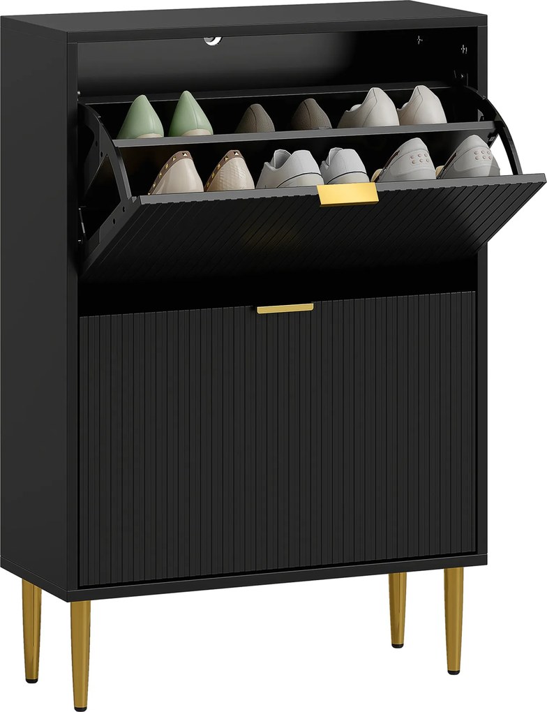 HOMCOM Dulap pentru pantofi 12 perechi cu 2 sertare rabatabile, uși canelate și rafturi reglabile, 60x24x91,5cm, negru | Aosom Romania