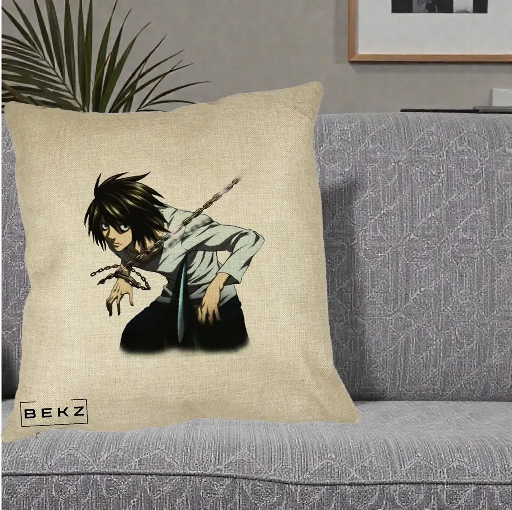 Perna Personalizata Death Note L Lawliet Lanturi, 40x40 cm, Crem, Husa Detasabila, Perna Inclusa, BEKZ®