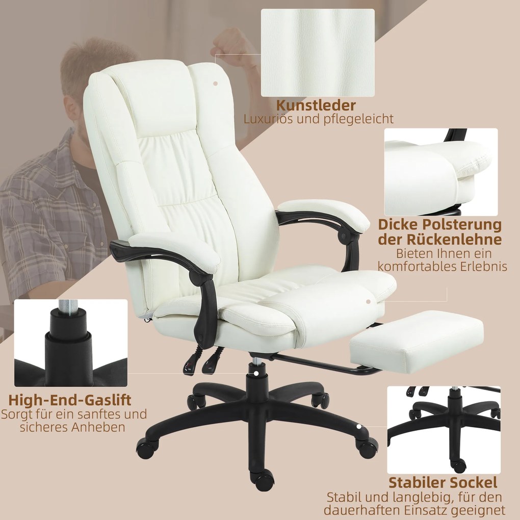 Vinsetto Scaun de birou reglabil cu suport pentru picioare, tetieră, funcție de masaj, piele ecologică, 68,5x68,5x113-121cm, Crem | Aosom Romania