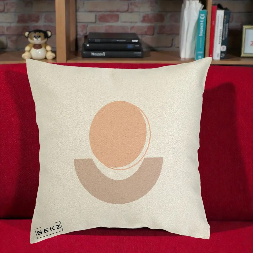 Perna Decorativa Geometric Boho Luna si Disc, 40x40 cm, Ecru, Husa Detasabila, Perna Inclusa, BEKZ®