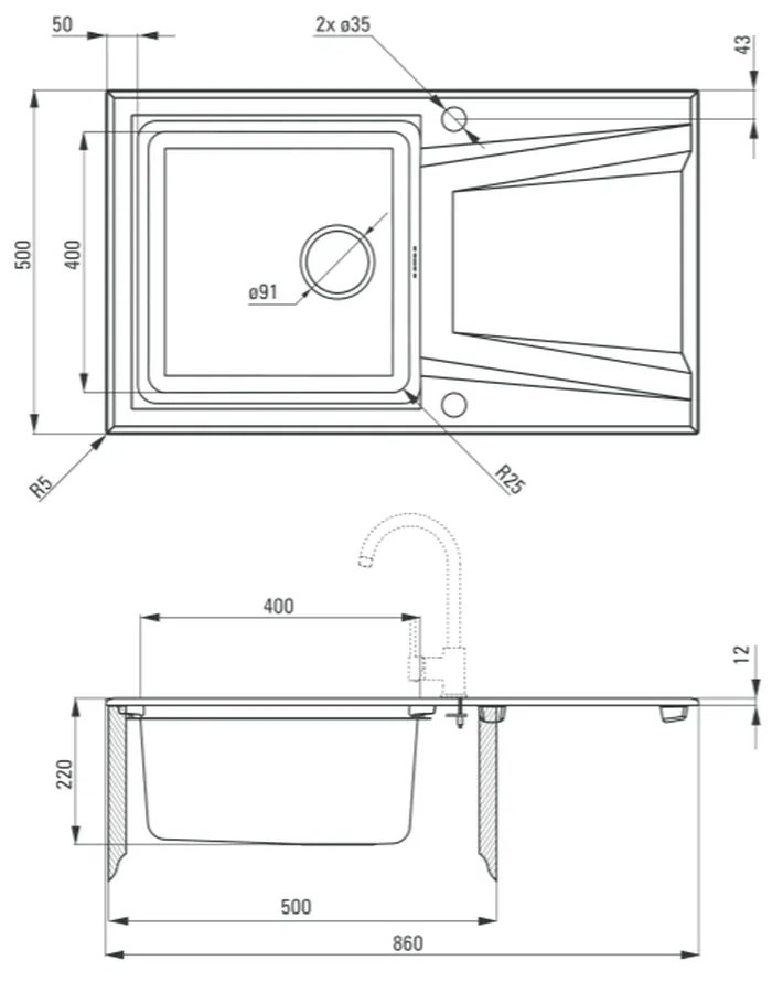 Chiuveta bucatarie hibrida din inox si compozit cu picurator antracit metalic Deante Prime T113 Antracit metalic