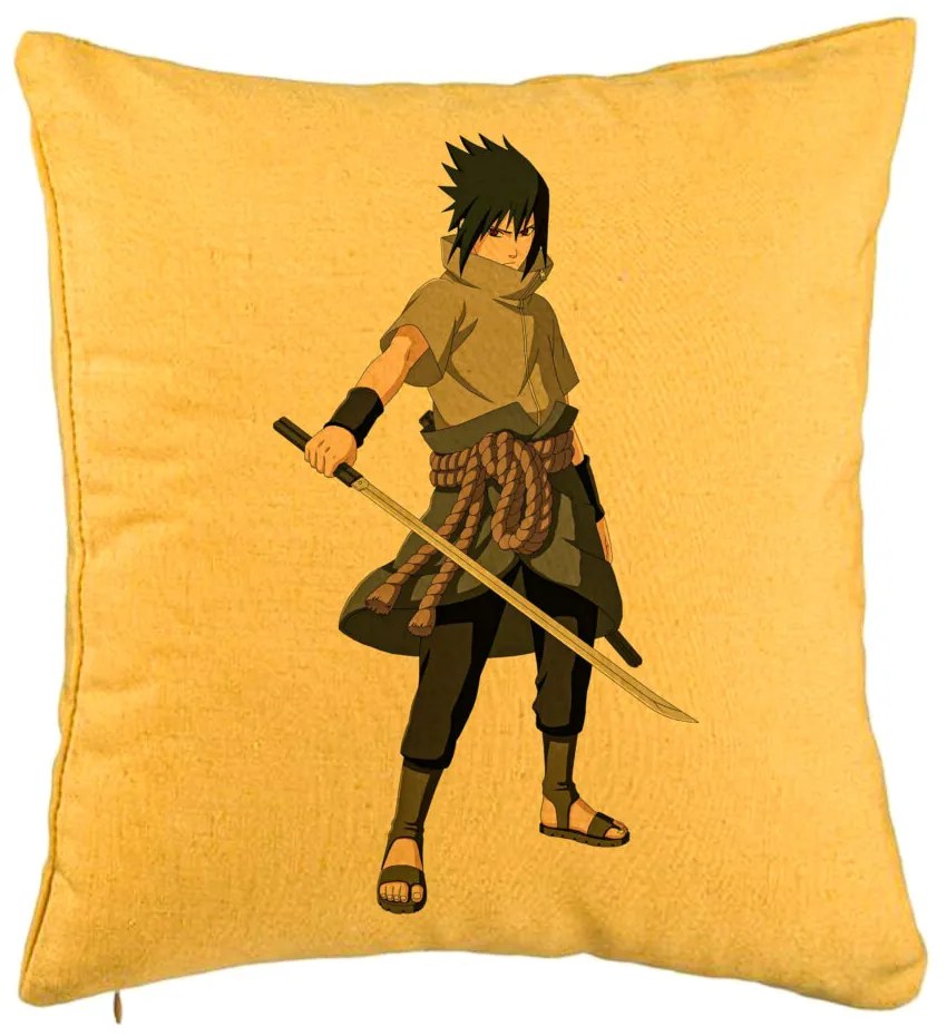 Perna Decorativa cu Nsruto Sasuke, 40x40 cm, Galben, Husa Detasabila, Burduf