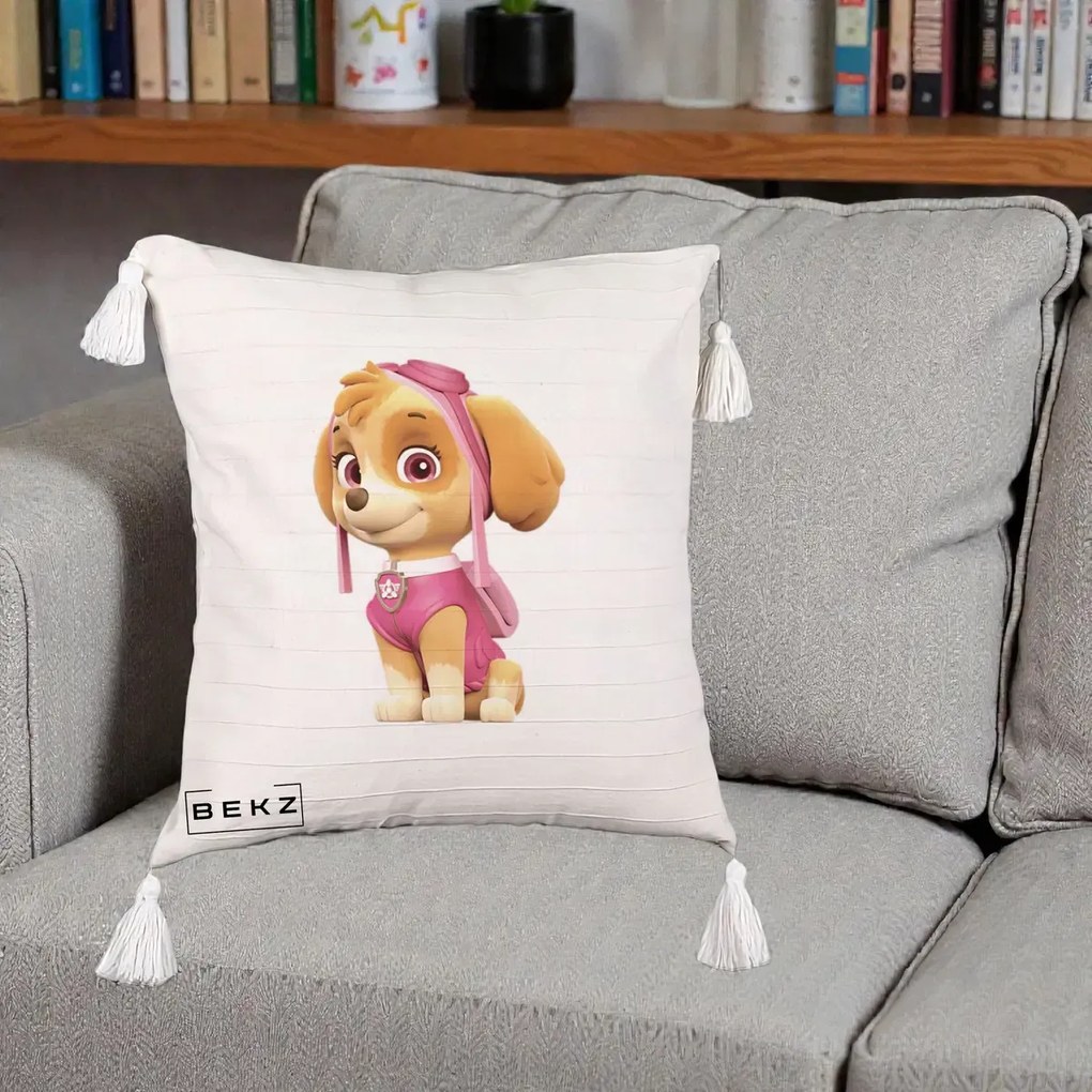 Perna Personalizata Skye PAW Patrol Roz, 40x40 cm, Bej cu Franjuri, Husa Detasabila, Perna Inclusa, BEKZ®