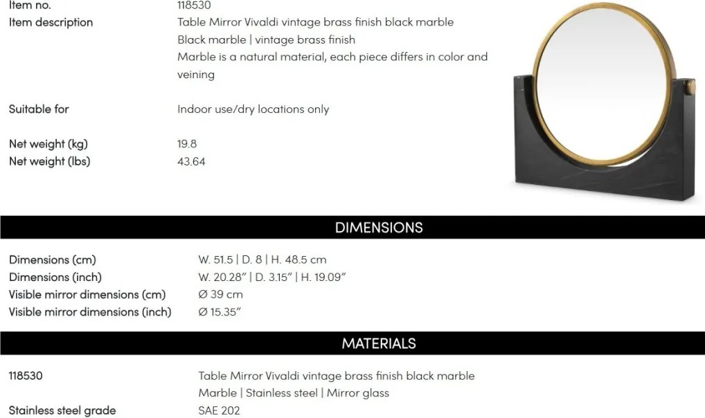 Oglinda de masa LUX marmura negra Vivaldi