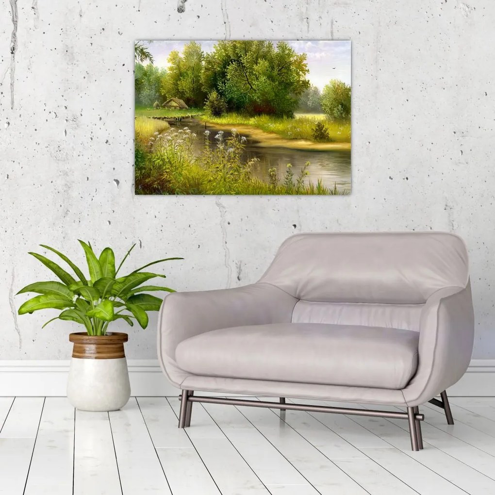 Tablou pe sticlă - Râu lângă pădure, pictură în ulei (70x50 cm)