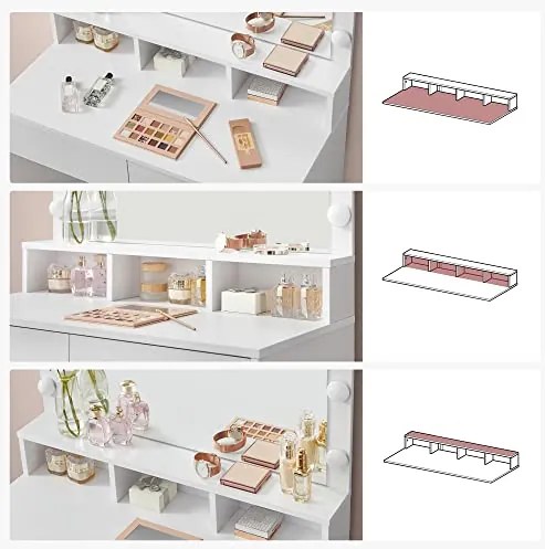 Masă de toaletă VANESA cu oglindă mare și iluminare, 80x40x140cm, albă SongmicsHome