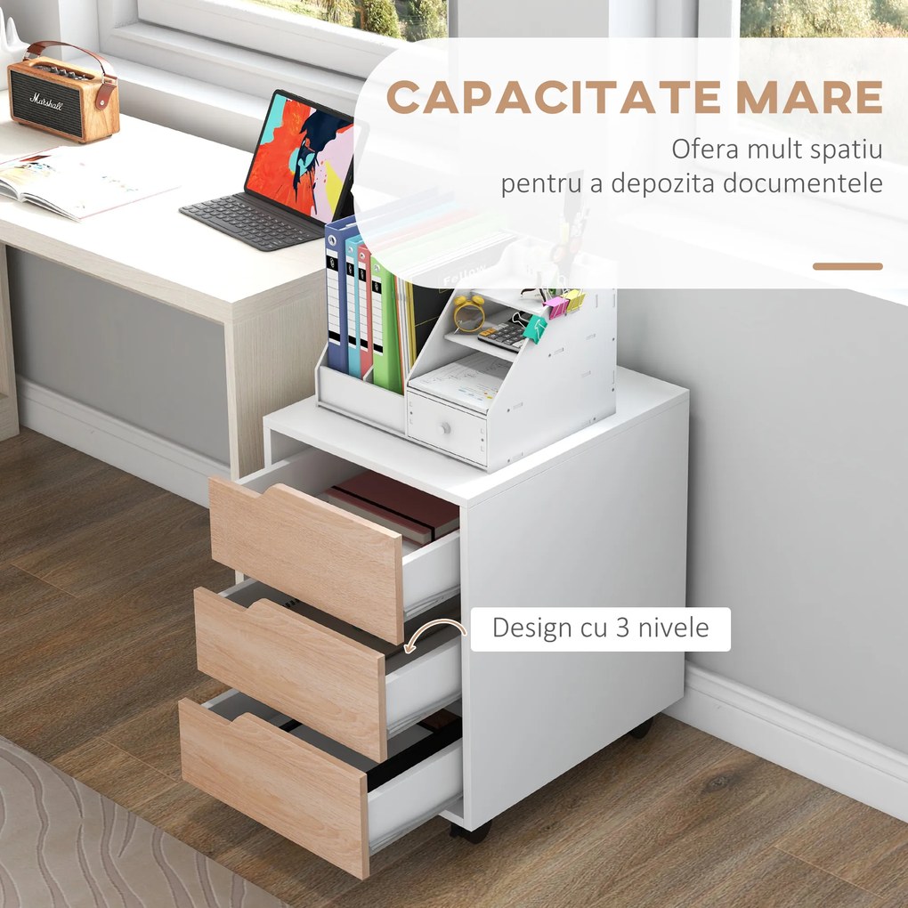 Comoda din MDF cu 3 Sertare si 4 roti cu rotatie de 360 ° (2 cu frane), pentru Birou sau Studio Alba si Lemn 31x37x7.2cm HOMCOM | Aosom Romania