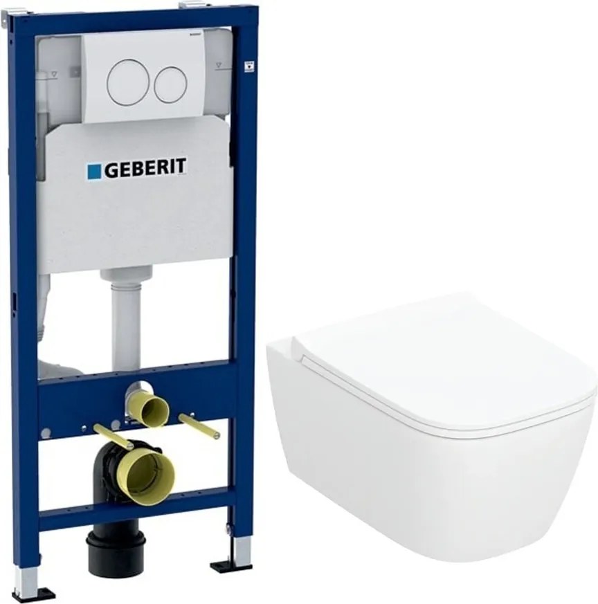 Rezervor WC cu cadru incastrat Geberit Duofix cu clapeta alba Delta20 si vas WC suspendat Smyle TurboFlush alb cu capac softclose