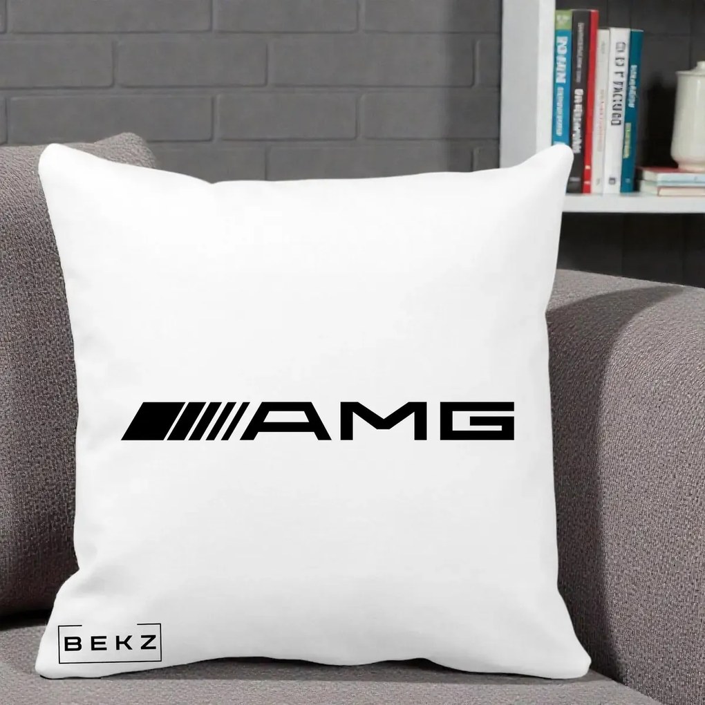 Perna Personalizata cu emblema Mercedes-AMG, 40x40 cm, Alba Mata, Husa Detasabila, Perna Inclusa, BEKZ®