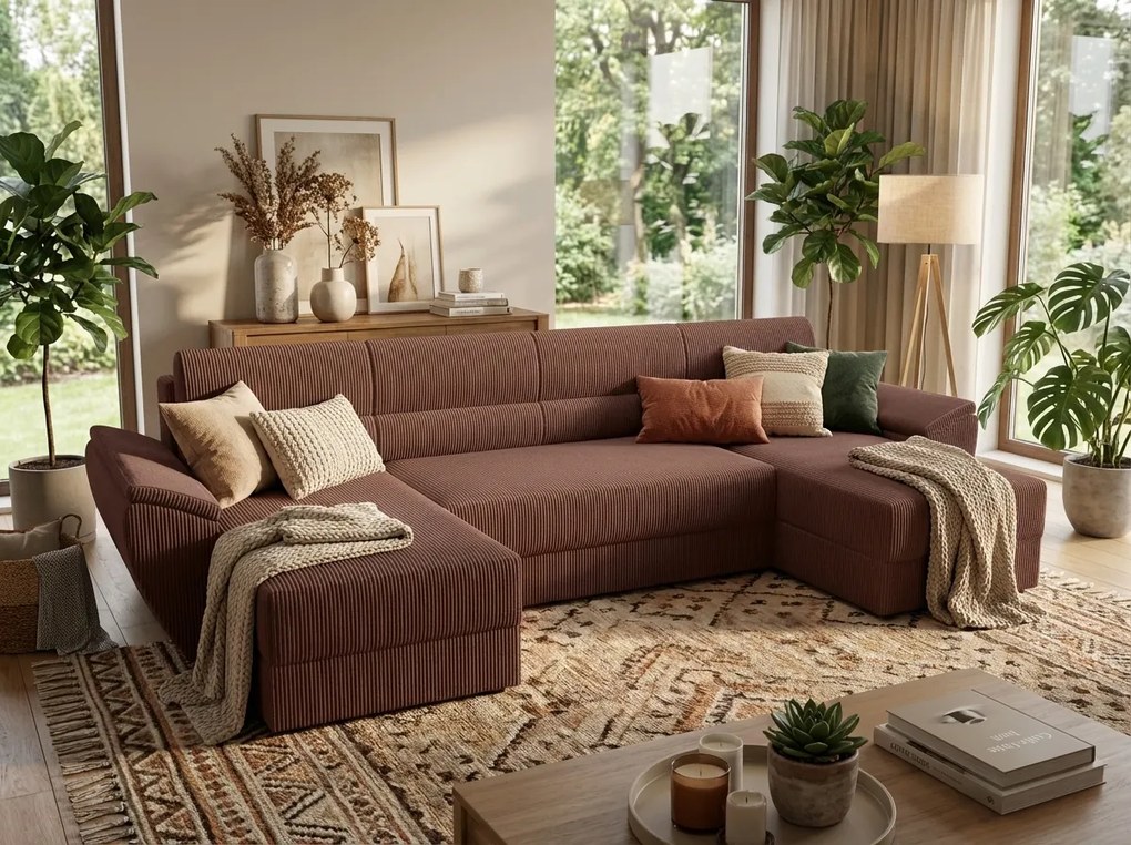 Coltar extensibil in forma de U TAVERO, roz inchis, 321x140 cm