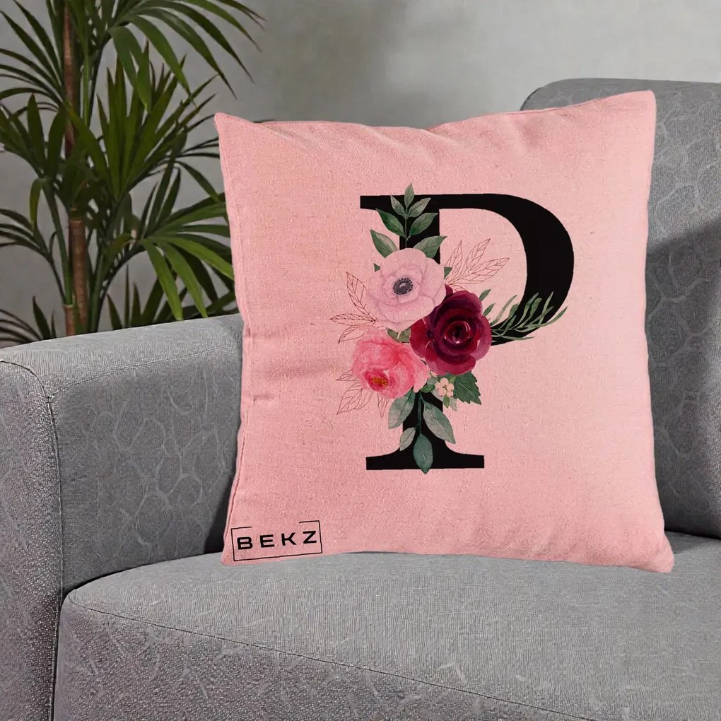 Cadou Personalizat - Perna Personalizata Monograma Florala Litera P, 40x40 cm, Roz, Husa Detasabila, Perna Inclusa, BEKZ®