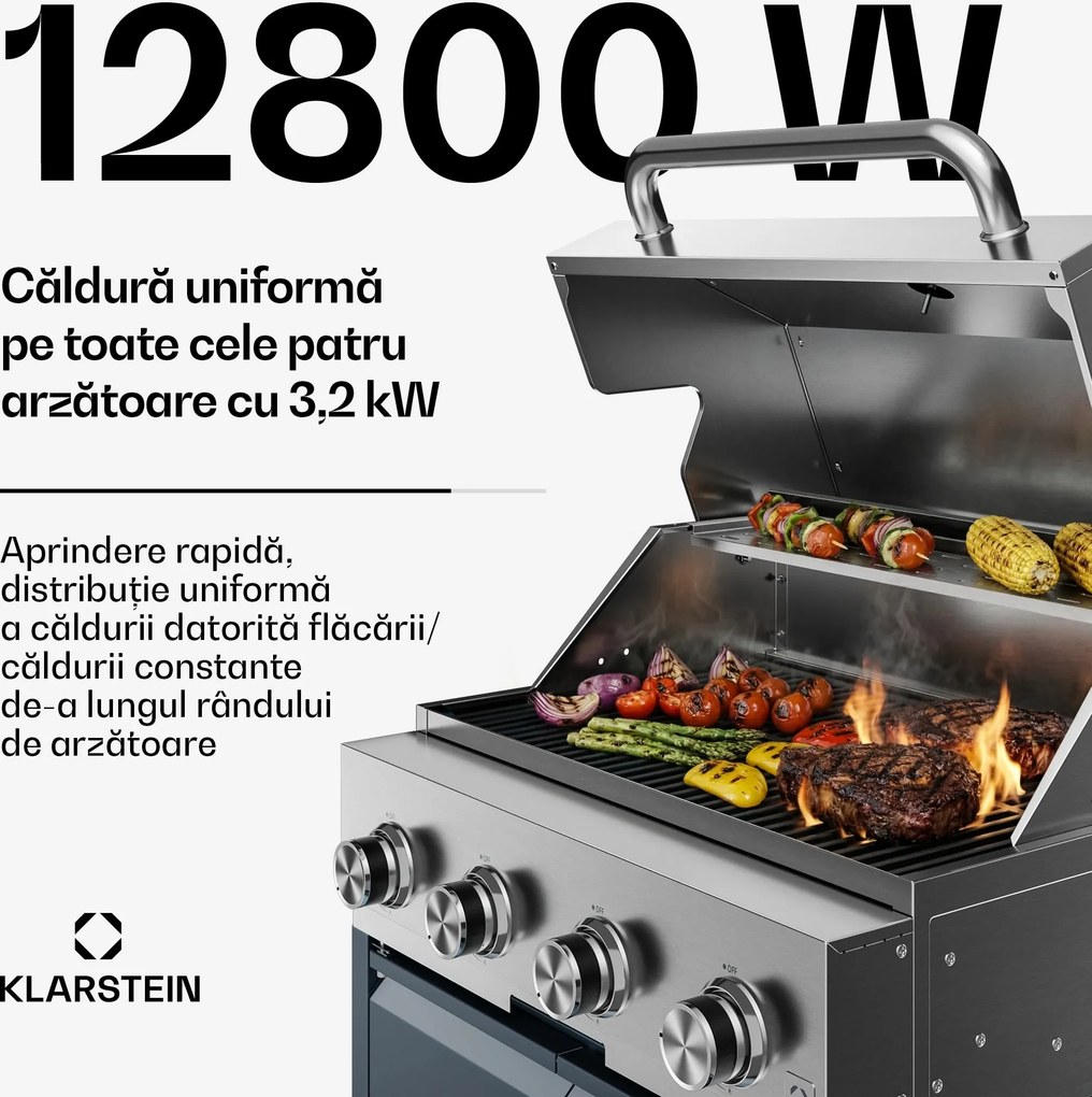 Klarstein WaldChef Outdoor Bucătărie | Grătar pe gaz | 4 arzătoare | 30 mbar | 12800 W | Grătar fontă | Oțel inoxidabil