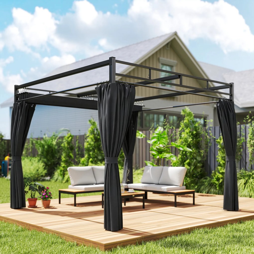 Outsunny Gazebo Pergolă 3x3 m cu Acoperiș Retractabil Glisant, 4 Pereți Laterali, Orificii de Drenare, Pergolă de Grădină din Poliester și Oțel, pentru Terasă, Curte, Exterior, UV30+, Gri Închis | Aosom Romania